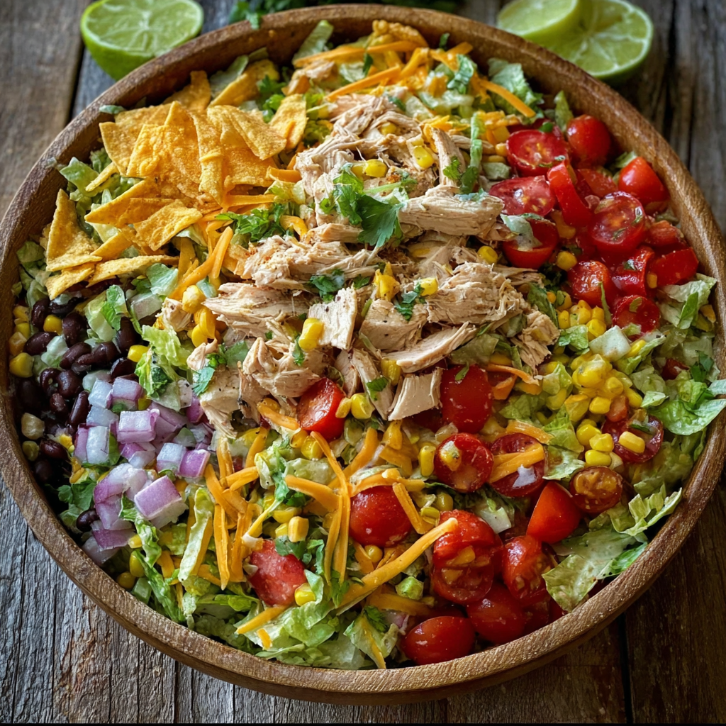 A delicious Tex-Mex Taco Chicken Chopped Salad is displayed in a wooden bowl.