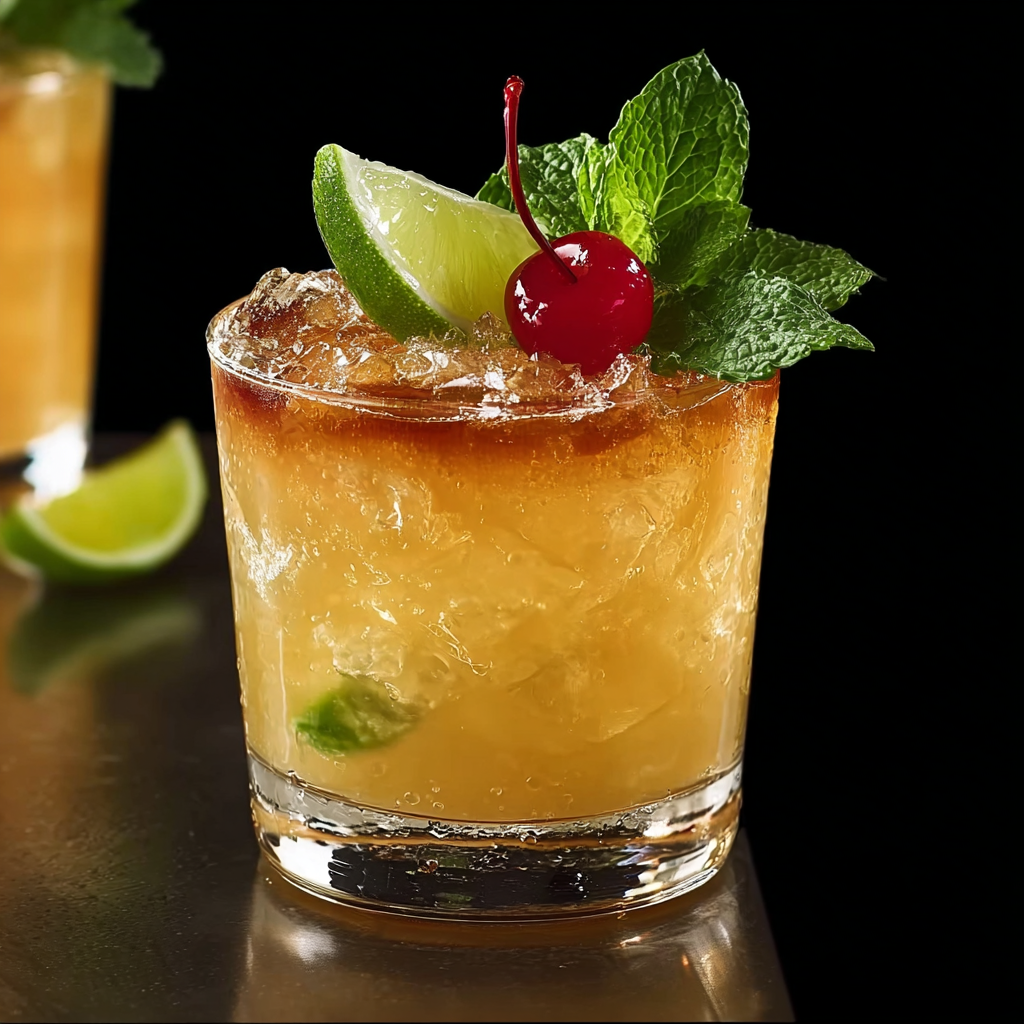 A glass of Hawaiian Mai Tai with a cherry and lime garnish.