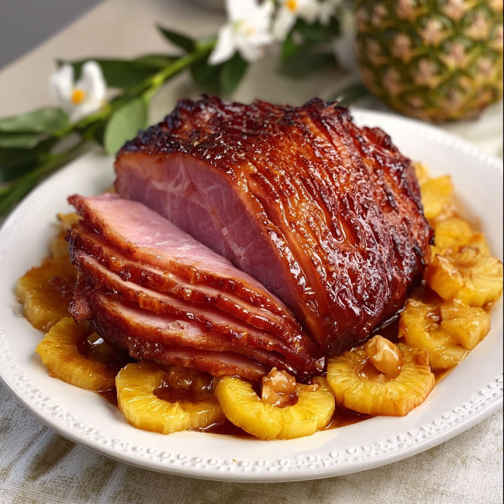 A glazed ham with pineapple and brown sugar topping.