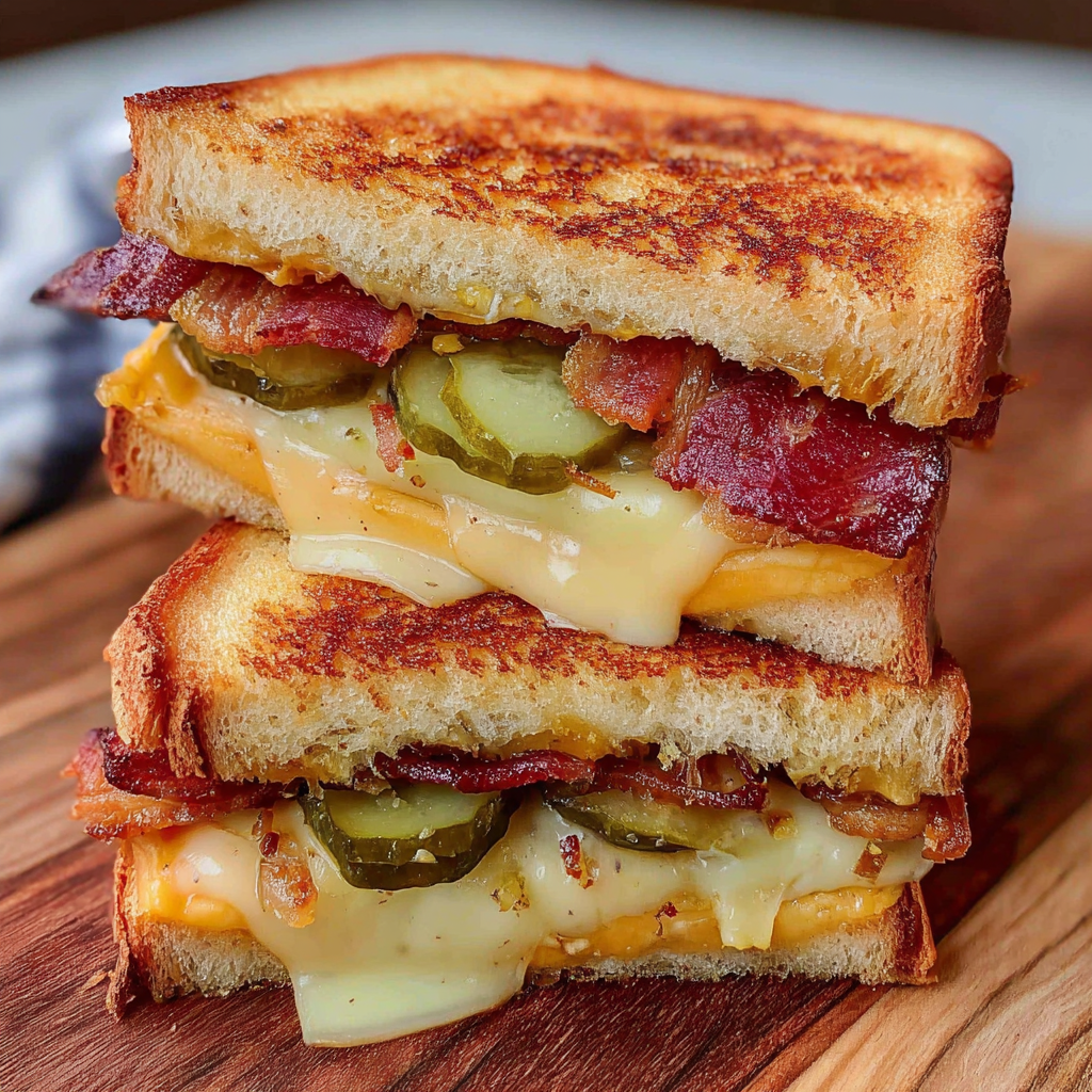 A delicious grilled cheese sandwich with pickles and bacon.