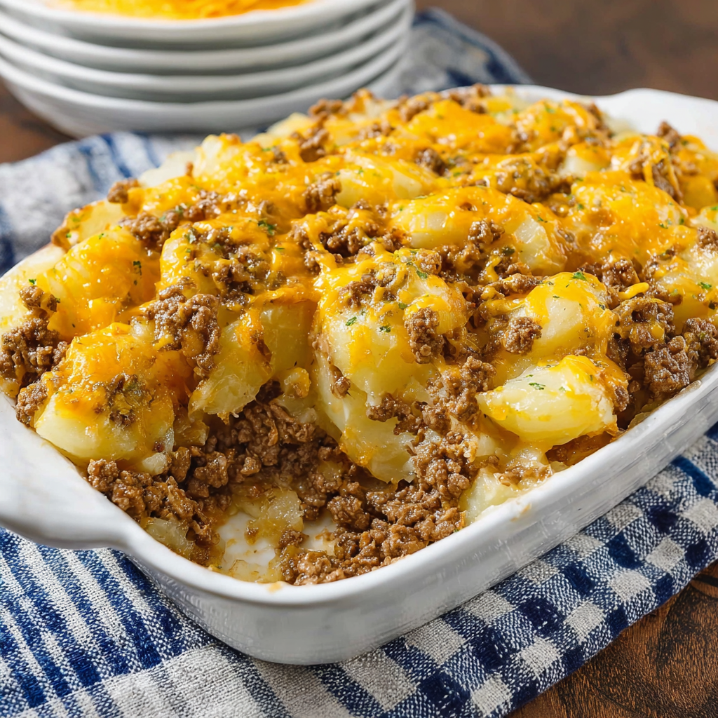 A delicious Ground Beef Potato Casserole is ready to be served.
