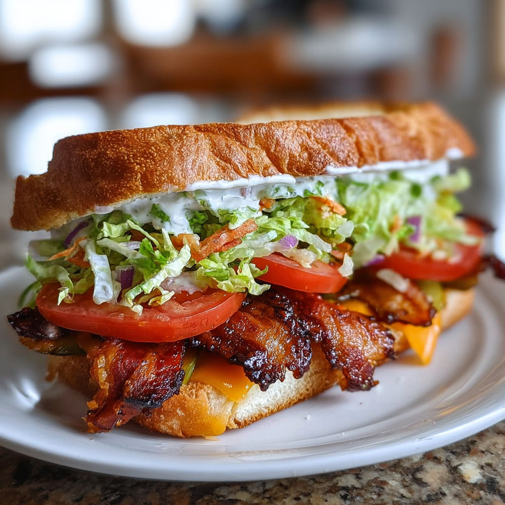 A BBQ Bacon Ranch BLT sandwich is served on a white plate.